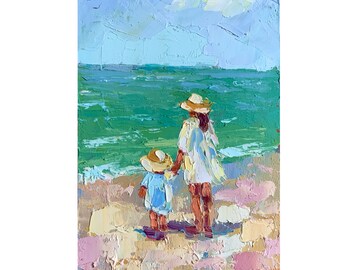 Mom and Daughter Painting   Original Painting Family Art Beach People Impasto Oil Painting