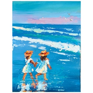 Impasto Oil Painting: Two Sisters on the Beach, Family Art