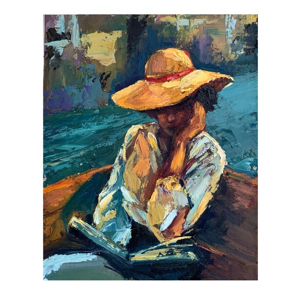 Original Art , Modern Art, Impasto, Living Room Wall Art, Gift ,Sunny day, girl reading a book