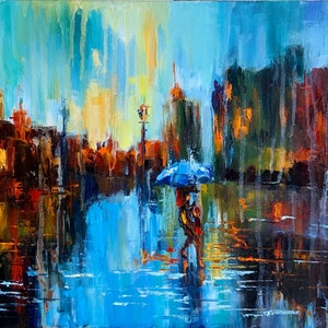 City in the rain Original oil painting