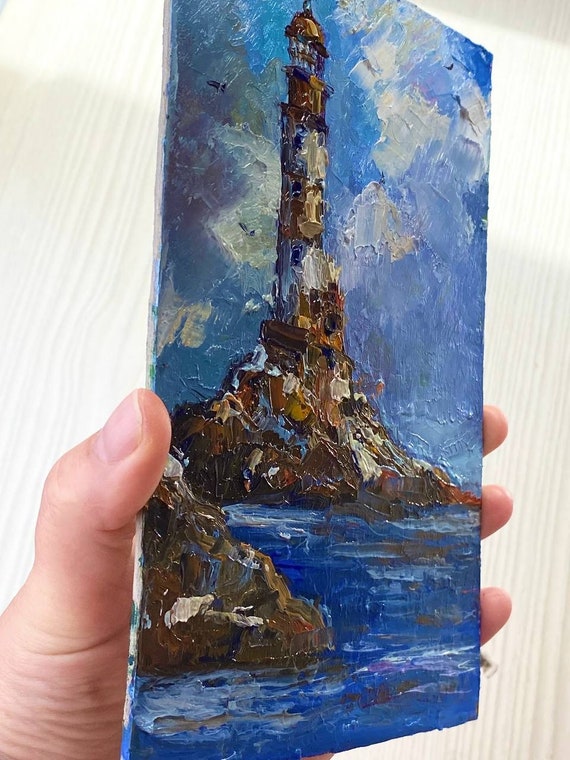 Original Lighthouse Oil Painting: Impasto Seascape Art (5.5