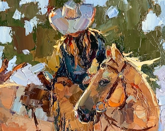 Original Cowgirl Oil Painting: Texas Western Art, Mountain Landscape