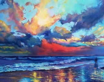 California Seascape Oil Painting: Sunset Beach Art