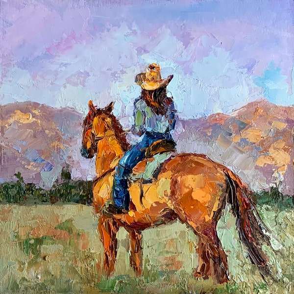 Cowgirl   Painting Western Original Art Texas Painting  Horse Painting Original Oil Painting Mountain Painting