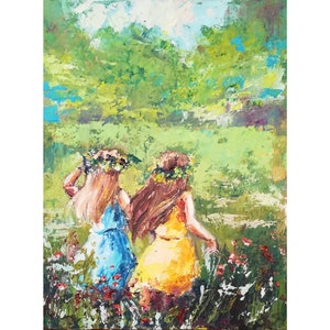 Original Oil Painting: Two Sisters in Meadow, Family Art
