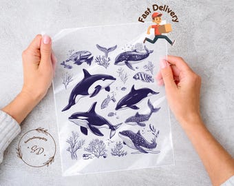 Whale Dolphin Sea Life DTF Transfer, Ocean Animals Iron On Print