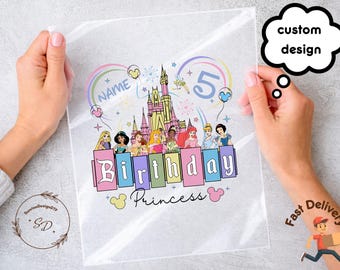 Custom Princess Birthday DTF Transfer, Name, Age, Family Trip 2026