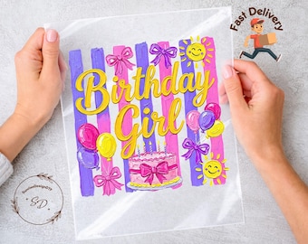 Birthday Girl DTF Transfer PNG, Printed Look Design, Kids Birthday Shirt, Pink Purple Cake Balloons, Heat Transfer
