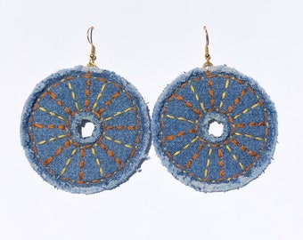 Handmade Embroidered Frayed Denim Earrings