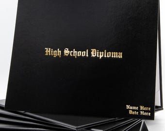 Personalized High School Diploma Cover | Old English Font on Non-Padded Faux Leather in Metallic Foil