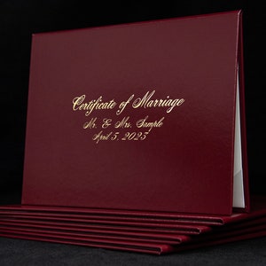 Certificat de mariage personnalisé avec police cursive - Étui à certificats style tente - Couverture rigide pour documents en similicuir texturé