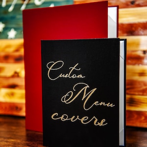 Customizable Menu Holder Logo+/-Text Tent-Style Document Cover for Specials •Non-Padded •Faux Leather •Metallic Foil Print