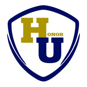 May include: A shield-shaped logo with a navy blue outline and a white interior. The logo features the letters "H" in gold and "U" in navy blue, with the word "ONOR" in gold above the "U".