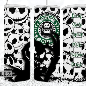 Halloween Nightmare Before Coffee 20oz Skinny Tumbler Wrap Sublimation Jack Scary Creepy Spooky Horror Skull Designs Template Seamless PNG