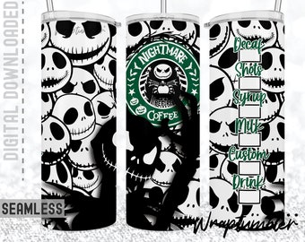 Halloween Nightmare Before Coffee 20oz Skinny Tumbler Wrap Sublimation Jack Scary Creepy Spooky Horror Skull Designs Template Seamless PNG
