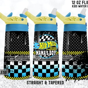 Hot Mess Mama&#39;s Boy Racing 12oz Flip Top Kid Tumbler Blue Race Track Boymama Wrap Kids Water Bottle Sublimation Templates Design Digital PNG