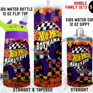 Hot Mess BOYMAMA Pumpkins Monster Trucks 20oz Skinny 12oz Flip Top 12oz Sippy Fall Season Vibes Race mama&#39;s boy tumbler Wrap set Sublimation