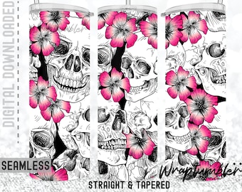 Skulls And Pink Flower 20oz Skinny Tumbler black white skull tumbler wrap Sublimation Designs Template PNG Skull Flowers Digital Download