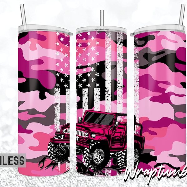 Pink Camouflage 20oz Skinny Tumbler Adventure Off Road Distress American Flag Tumbler Designs Sublimation Wrap Template Adventures Life PNG