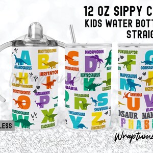 12 oz Sippy Cup Kid Water Dinosaur Name Sublimation design Wrap Tumbler Pastel A-Z Dinosaur Alphabet White Background Template Digital 1 PNG