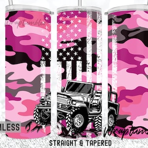 May include: A pink and black camouflage pattern with a white distressed American flag and a black jeep silhouette. The text "STRAIGHT & TAPERED" is at the bottom of the image.