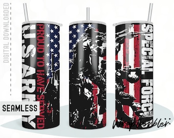May include: Three stainless steel tumblers with a patriotic theme. The tumblers feature an American flag design with a soldier silhouette and the text "U.S. Army", "Proud to Have Served", and "Special Forces".
