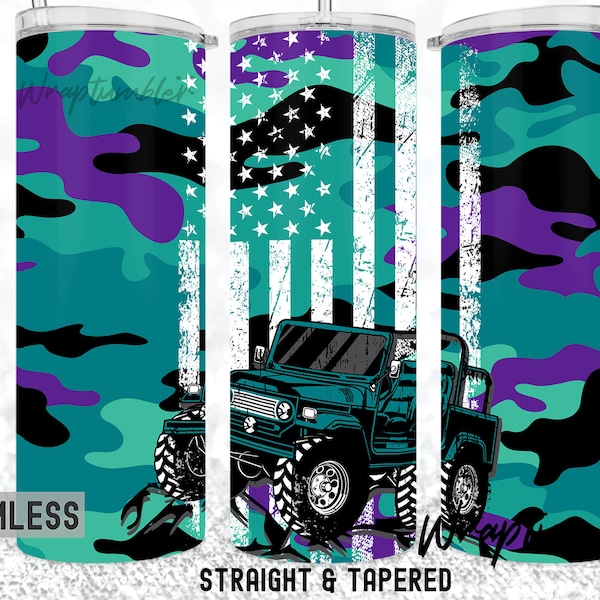 Purple Teal Camouflage 20oz Skinny Tumbler Adventure Off Road Distress American Flag Design Sublimation Wrap Template Adventures Life PNG