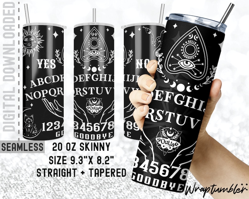 May include: Three 20 ounce skinny tumblers with a black and white ouija board design. The tumblers are straight and tapered. The design features a black background with white letters, numbers, and symbols. The tumblers are 9.3 inches tall and 8.2 inches in diameter.