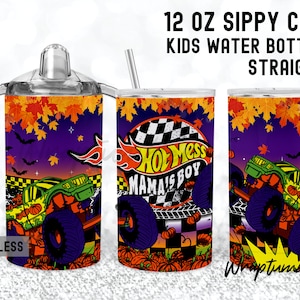 Hot Mess BOYMAMA Ready To Crush Pumpkin Monster Trucks 12oz Sippy Kids Cup Fall Season Vibes Race mama&#39;s boy tumbler Wrap Sublimation Design