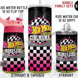 HOT MESS Boymama Girlmama Set Matching 20oz Skinny 12oz Flip Top Sippy Race Mama&#39;s Girl tumbler Wrap Kids Water Bottle Sublimation Templates