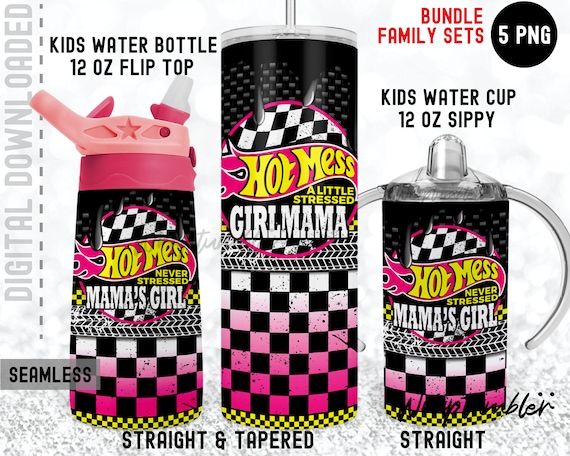 HOT MESS Boymama Girlmama Set Matching 20oz Skinny 12oz Flip Top Sippy Race Mama's Girl tumbler Wrap Kids Water Bottle Sublimation Templates