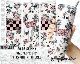 Retro Halloween Ghost Tumbler PNG: Pink Floral Skull Design (Digital Download)