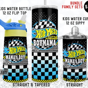HOT MESS BOYMAMA Set Matching 20oz Skinny 12oz Flip Top 12oz Sippy Race mama&#39;s boy tumbler Wrap set Kids Water Bottle Sublimation Templates