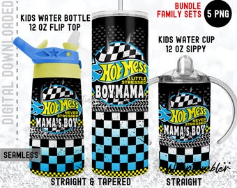 HOT MESS BOYMAMA Set Matching 20oz Skinny 12oz Flip Top 12oz Sippy Race mama's boy tumbler Wrap set Kids Water Bottle Sublimation Templates