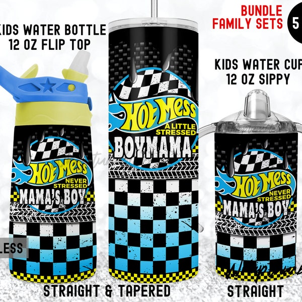 HOT MESS BOYMAMA Set Matching 20oz Skinny 12oz Flip Top 12oz Sippy Race mama's boy tumbler Wrap set Kids Water Bottle Sublimation Templates