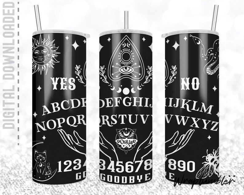 May include: A black and white tumbler with a Ouija board design. The design includes the letters of the alphabet, numbers 1-9, and the words "yes", "no", "goodbye", and "hello".