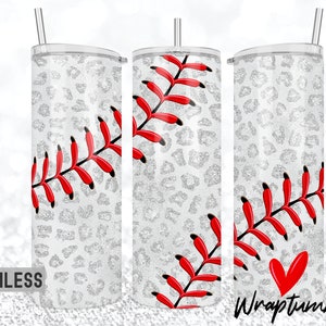 20oz Skinny Tumbler Glitter White Leopard Baseball on Field Laces Mom Baseball Personalized Add Your Own Text Sublimation Template Designs