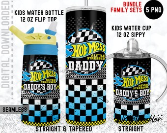HOT MESS Daddy's Boy Set Bijpassende 20oz Skinny 12oz Flip Top 12oz Sippy Race Vaders Familie tuimelaar Kinderen Waterfles Sublimatie Sjablonen