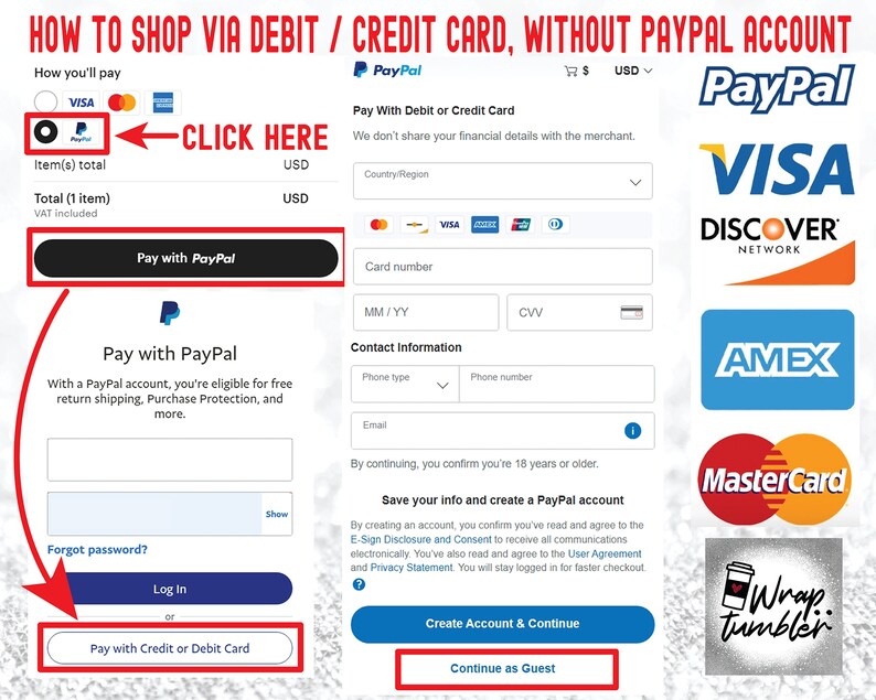 May include: A screenshot of a website showing how to shop via debit or credit card without a PayPal account. The website has a button that says "Pay with PayPal" and another button that says "Pay with Credit or Debit Card". The website also has a section for creating a PayPal account.
