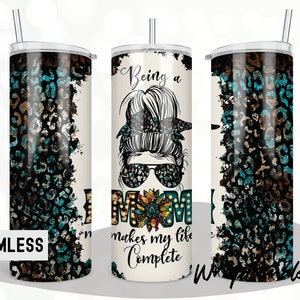 20 Oz Skinny Tumbler Mom Life Messy Bun Hair Styles Rustic Leopard ...