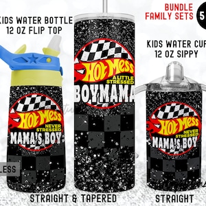 Hot Mess BOYMAMA Set Matching 20oz Skinny 12oz Flip Top 12oz Sippy Race mama&#39;s boy tumbler Wrap set Kids Water Bottle Sublimation Templates