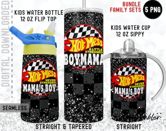 Hot Mess BOYMAMA Set Matching 20oz Skinny 12oz Flip Top 12oz Sippy Race mama's boy tumbler Wrap set Kids Water Bottle Sublimation Templates