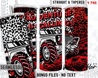 May include: A sublimation design featuring a white jeep with red and black leopard print background. The text "Adventure is Calling" is written in red on the jeep. The design is for a straight and tapered tumbler.