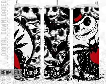 Halloween Jack Skellington Faces Nightmare 20oz Skinny Tumbler Sublimation Spooky Horror Skull Design Template Straight Tapered Seamless PNG
