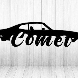 May include: Black silhouette of a classic car with the word "Comet" written in a stylized font below it.