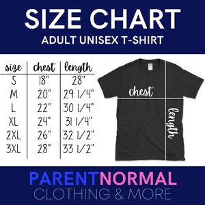 May include: Size chart for adult unisex t-shirts. The chart shows sizes from S to 3XL with corresponding chest and length measurements in inches.
