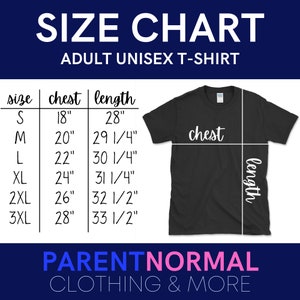 May include: Size chart for adult unisex t-shirts. The chart shows sizes from S to 3XL with corresponding chest and length measurements in inches.
