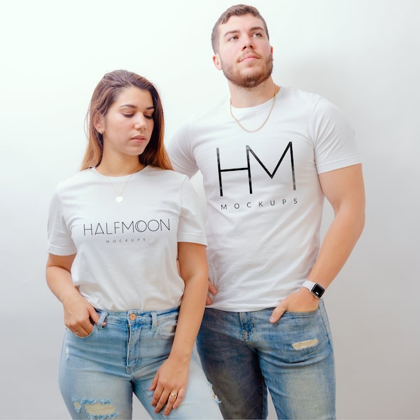 Bella Canvas 3001, Couple Mockup, White Shirts,  Model Mockup, Stylish Mock up,Summer Mockup