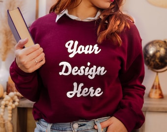 Gildan 18000 Mockup, Maroon Sweatshirt Mockup, Model Mockup, G180 Mockup, Fall Mockup