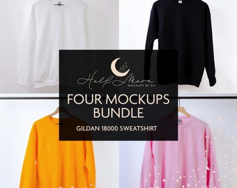 Puede incluir: Un paquete de cuatro sudaderas Gildan 18000 en blanco, negro, dorado y rosa claro, cada una colgada en una percha de madera. Una superposición negra central muestra el texto Half Moon Mockups by Eli, Four Mockups Bundle y Gildan 18000 Sweatshirt.